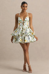 Flavia | White Botanical Print Plunge-Neck Ruffled Skater Micro-Mini Dress