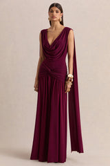 Amelisse | Burgundy Plunge-Neck Maxi Dress With Ruched-Detailing