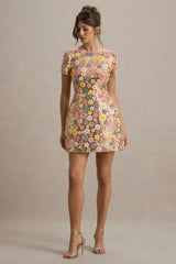 Eira | Pastel Floral Print Embellished Mini Dress