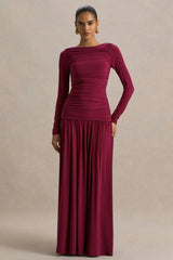 Aniyah | Burgundy Slashed-Neck Maxi Dress With Ruched Detailing