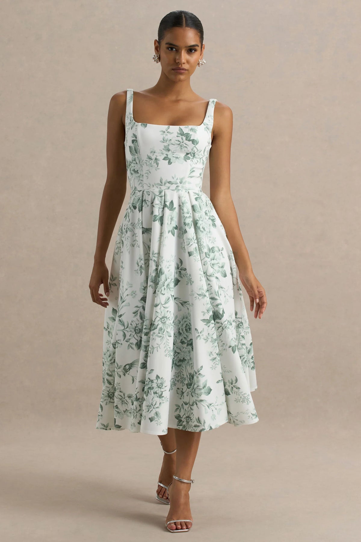Lissa | Green Porcelain Print Square-Neck Midi Dress