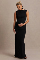 Raven | Black Boat-Neck Maternity Maxi Dress With Gathered-Detailing