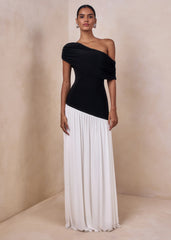 Doroyta | Black And White Asymmetric-Neck Maxi Dress