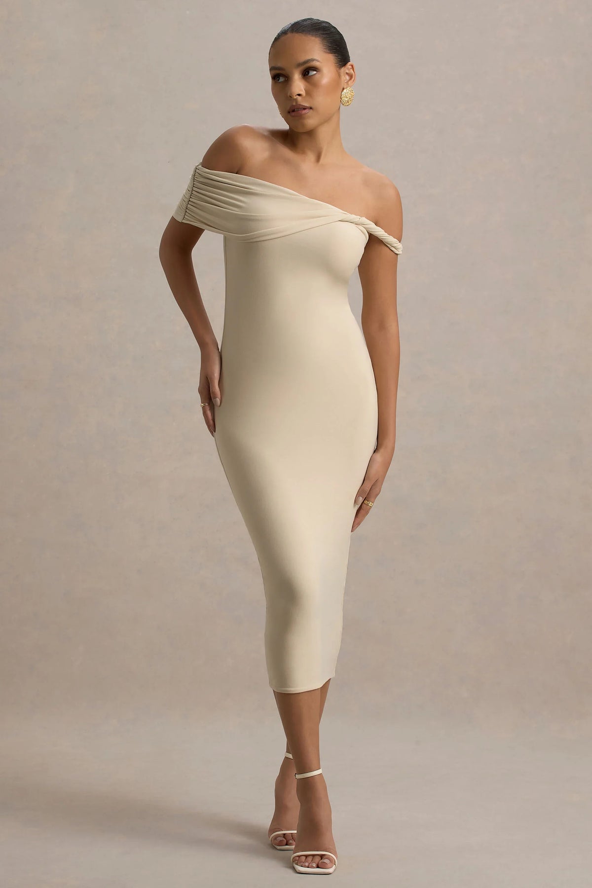 Skye | Sand Twisted Bardot Midi Dress