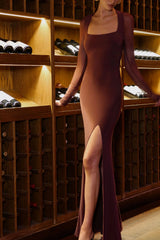 Renalia | Brown Square-Neck Maxi Dress With Mesh Long-Sleeves