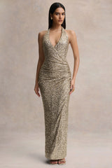 Gio | Champagne Sequin Plunge-Neck Wrap Maxi Dress With Ruched Detailing