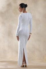 Evangela | White Lace Crew-Neck Maxi Dress With Wrap-Detail