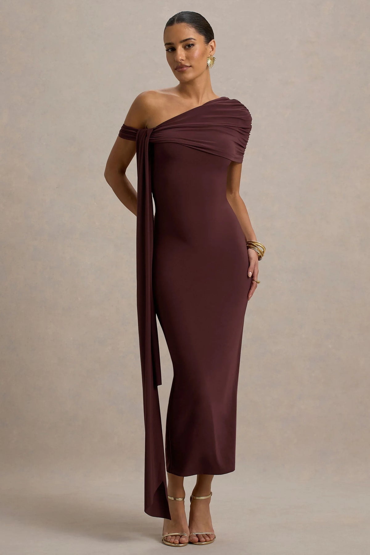 Praia | Chocolate Brown Asymmetric-Neck Midi Dress With Sash and Draped Detailing