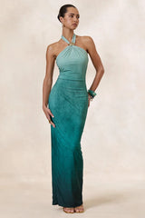 Turquoise Ombre Halter-Neck Maxi Dress With Gold Detail