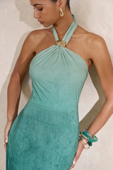 Turquoise Ombre Halter-Neck Maxi Dress With Gold Detail
