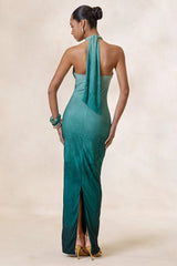 Turquoise Ombre Halter-Neck Maxi Dress With Gold Detail