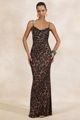 Silvana | Leopard Print Mesh Cowl-Neck Maxi Dress