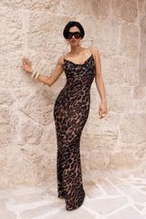 Silvana | Leopard Print Mesh Cowl-Neck Maxi Dress