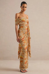Floral Mesh Asymmetric-Neck Maxi Dress With Sash Detail