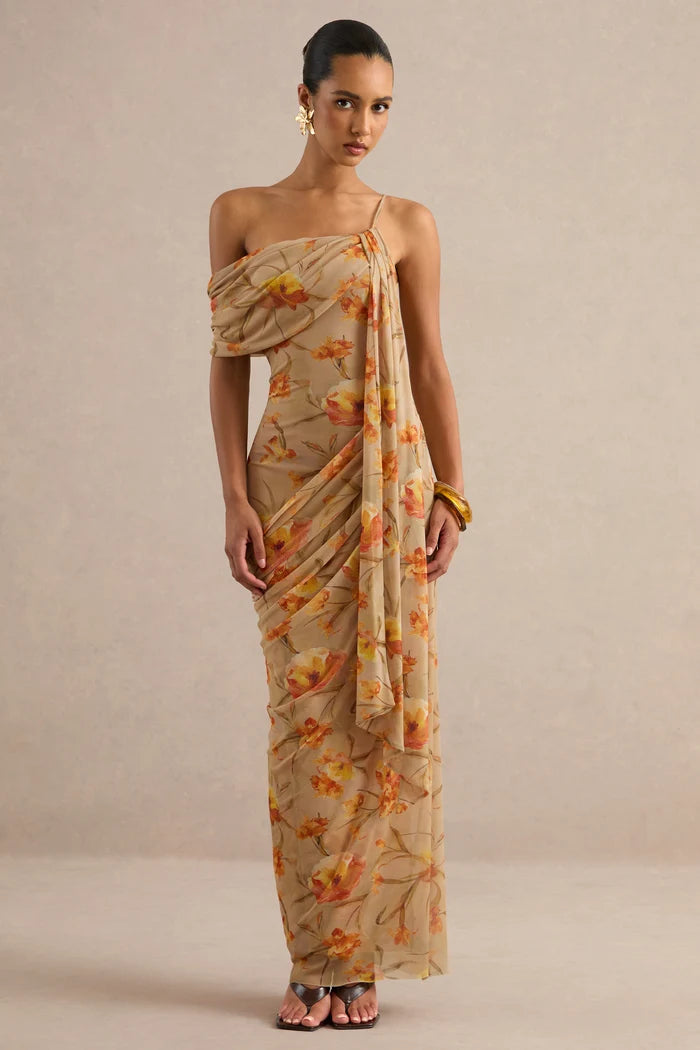 Floral Mesh Asymmetric-Neck Maxi Dress With Sash Detail