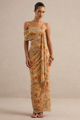 Floral Mesh Asymmetric-Neck Maxi Dress With Sash Detail