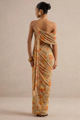 Floral Mesh Asymmetric-Neck Maxi Dress With Sash Detail