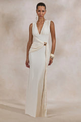 Plunge-Neck Maxi Dress With Gathered Detailing And Gold Detail