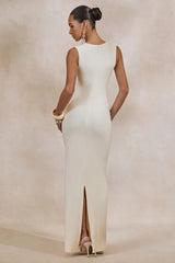 Plunge-Neck Maxi Dress With Gathered Detailing And Gold Detail