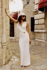 Plunge-Neck Maxi Dress With Gathered Detailing And Gold Detail