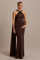 Lyra | Brown Cross Halter-Neck Maternity Maxi Dress With Cape