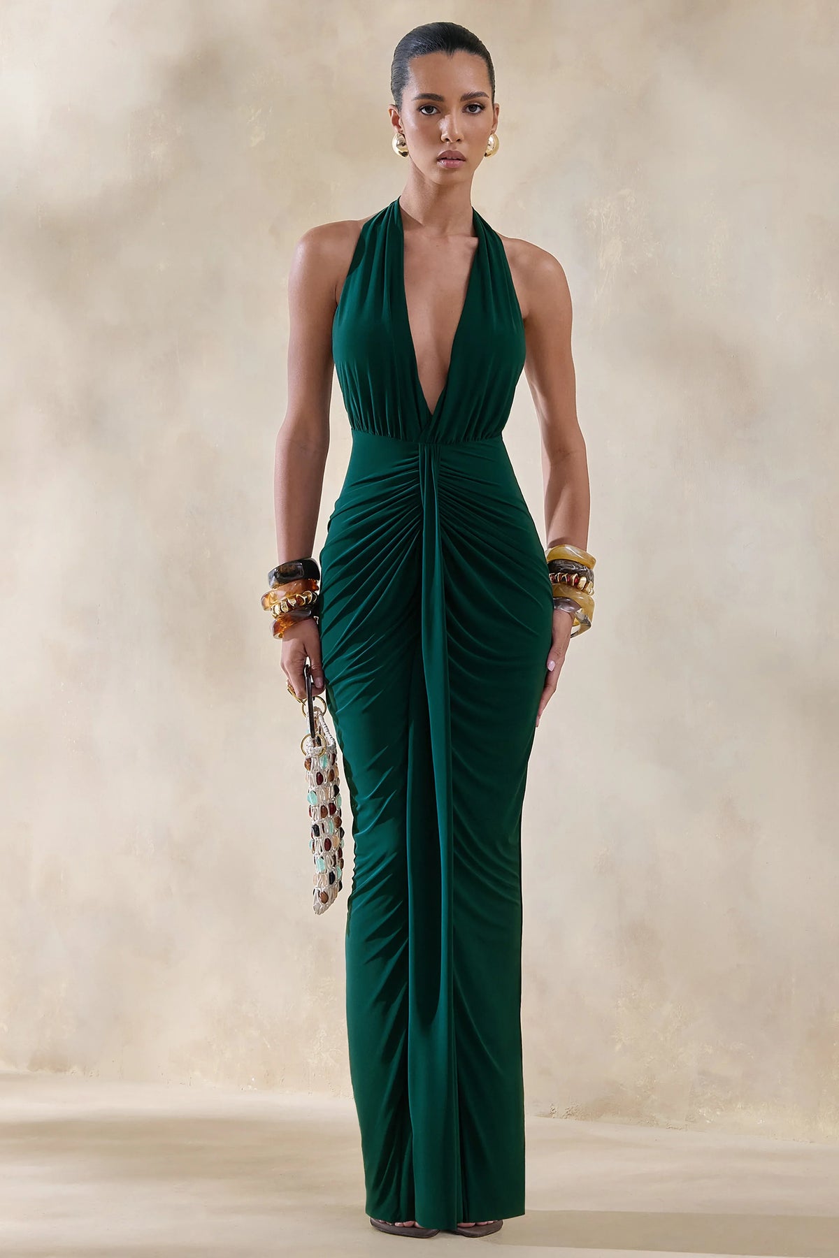 Lesley | Bottle Green Plunge-Neck Maxi Dress