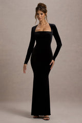 Morana | Black Velvet Square-Neck Long-Sleeve Maxi Dress