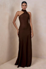 Cara | Brown Satin High-Neck Maxi Dress