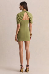 Perdi | Olive Bodycon Mini Dress With Twisted Cape