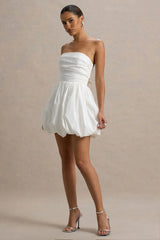 Faye | White Puff Ball Bandeau Micro Mini Dress With Ruching Details