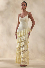 Avelisse | Lemon Lace Plunge-Neck Maxi Dress With Ruffled Detailing