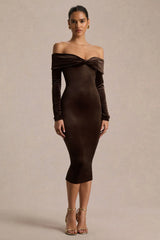 Compliment | Brown Velvet Bardot Midi Dress