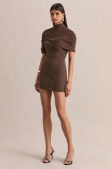 Perdi | Brown Bodycon Mini Dress With Twisted Cape