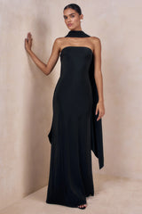 Charly | Black Satin Bandeau Maxi Dress With Scarf-Detail