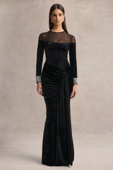 Perrin | Black Velvet Crew-Neck Maxi Dress With Embellished Cuffs