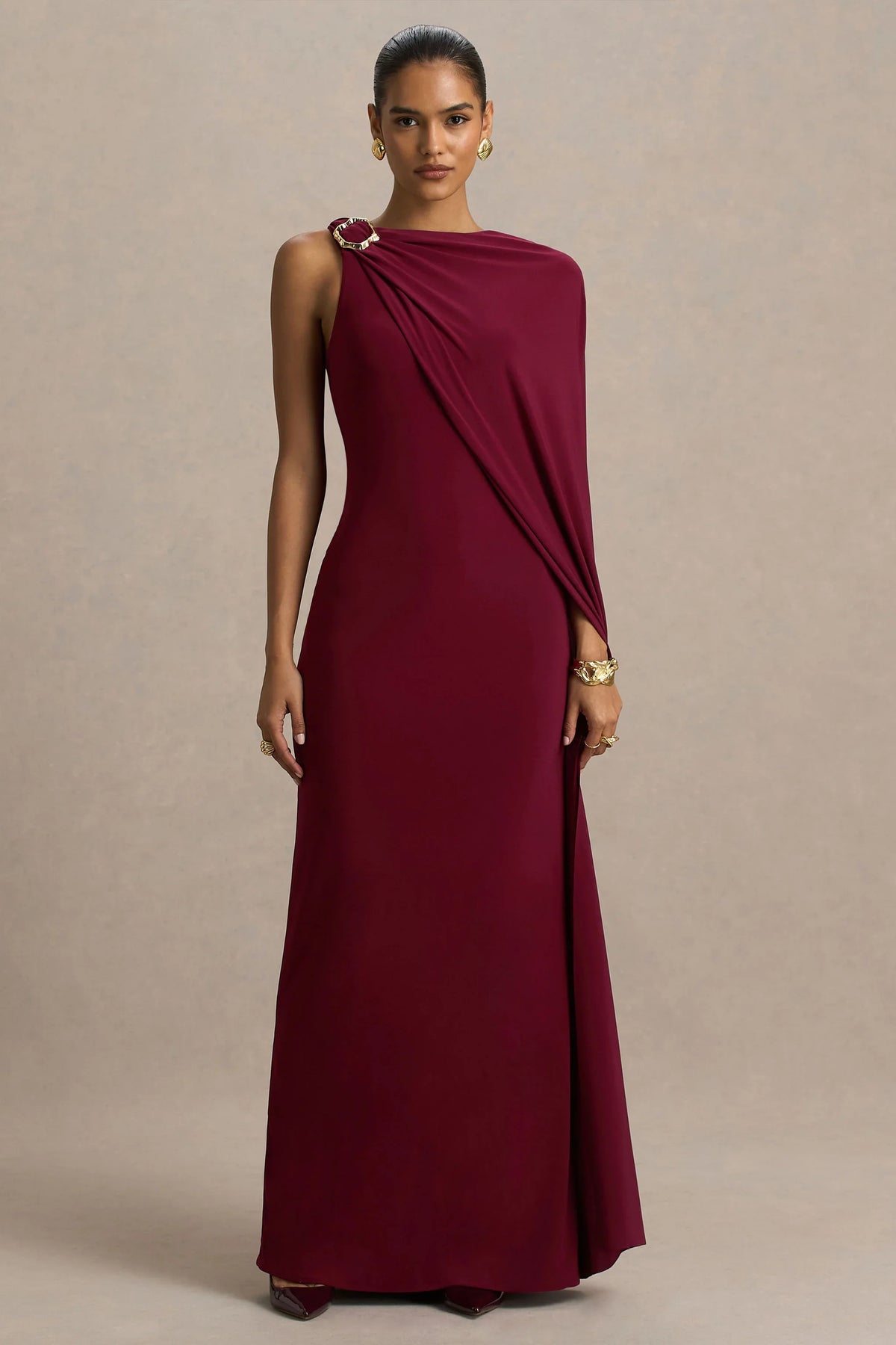 Cressida | Burgundy Asymmetric-Neck Maxi Dress With Cape And Gold Detail