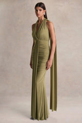 Roselani | Olive Halter-Neck Maxi Dress With Open-Back