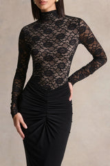 Justina | Black High-Neck Maxi Dress With Gathered-Detailing