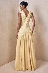 Cala | Lemon Satin Plunge-Neck Maxi Dress With Bow-Sleeves