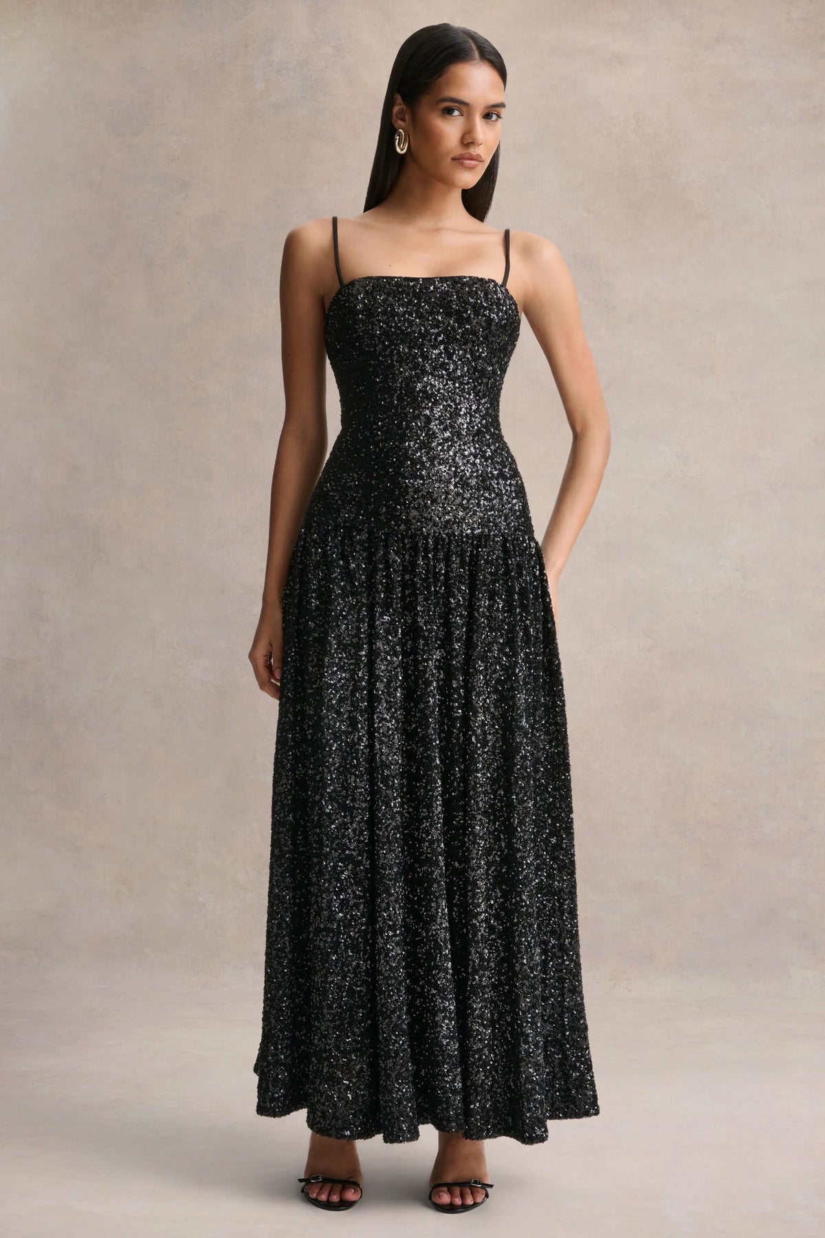 Allora | Black Sequin Square-Neck Maxi Dress With Pleated Skirt