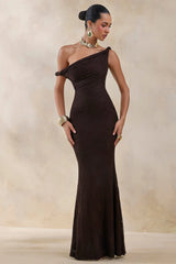 Afina | Brown Lace Asymmetric-Neck Maxi Dress