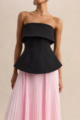 Stellara | Black & Pink Bandeau Corset Maxi Dress With Sheer Skirt