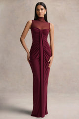 Brialle | Burgundy High-Neck Maxi Dress With Mesh And Gathered-Detailing