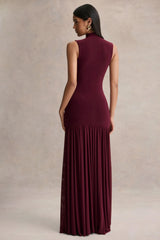 Gigi | Burgundy High-Neck Maxi Dress With Drop-Waist And Sheer Skirt