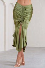 Per Favore | Olive Satin Ruched Split Maxi Skirt
