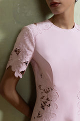 So Sweet | Pink Crew-Neck Midi Dress With Cut-Out Embroidered Detailing