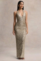 Gio | Champagne Sequin Plunge-Neck Wrap Maxi Dress With Ruched Detailing