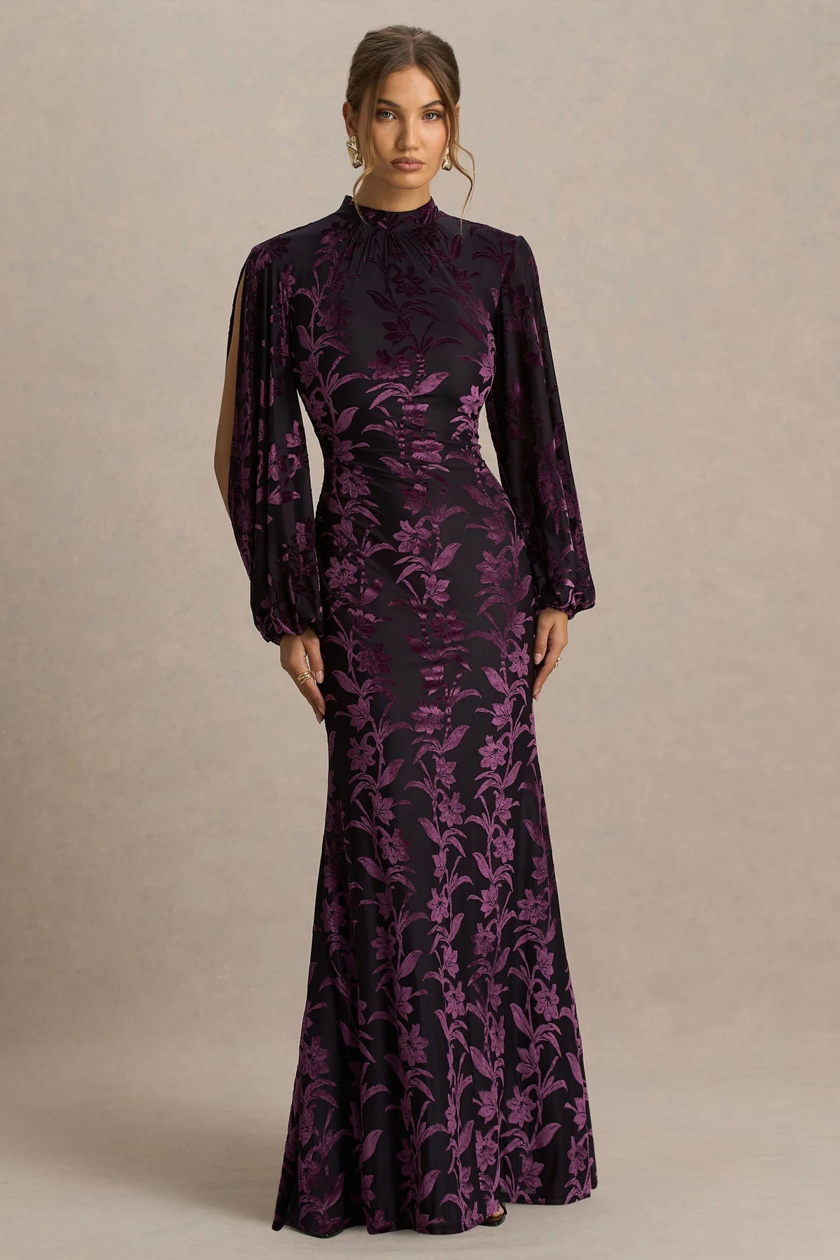 Janet | Black And Purple Devore High-Neck Maxi Dress With Cut-Out Details