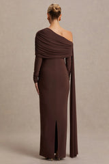 Cyra | Brown Bardot-Neck Maternity Maxi Dress With Sash