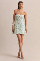Brianna | Mint Floral Embellished Square-Neck Mini Dress